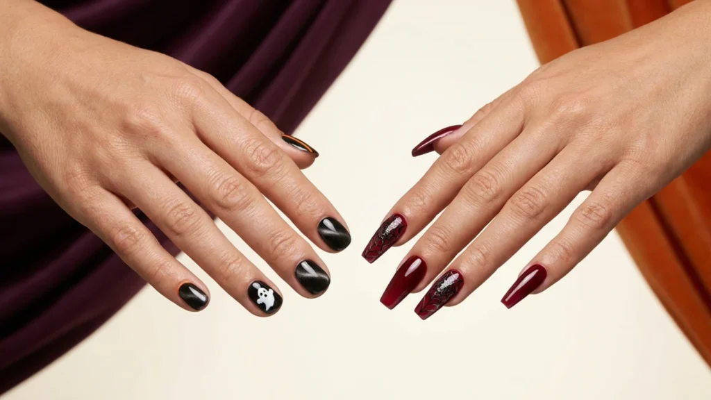 Gel and acrylic Halloween nail styles shown side by side