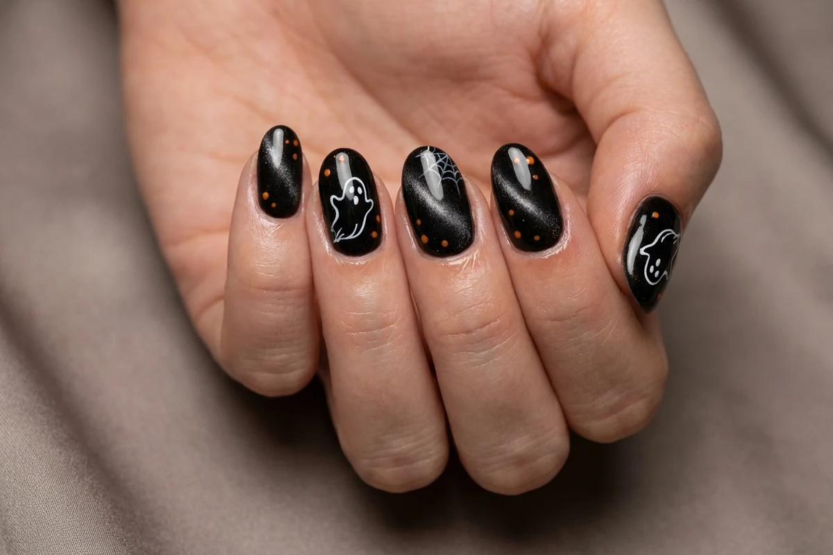 Short glossy gel Halloween nails with fine-line art