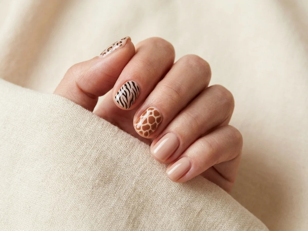 Neutral manicure combining leopard, zebra and giraffe accent patterns