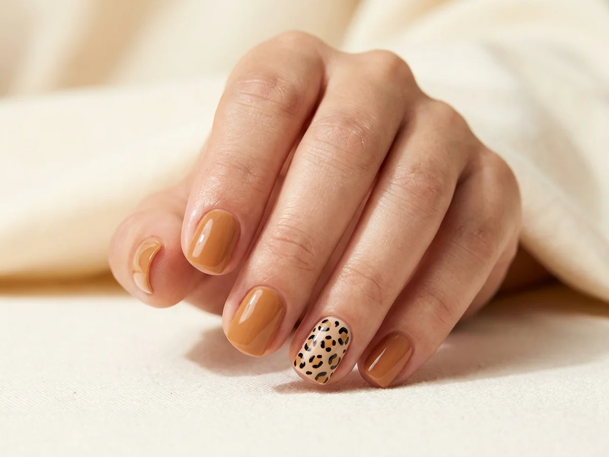 Caramel nails with an irregular leopard-print accent