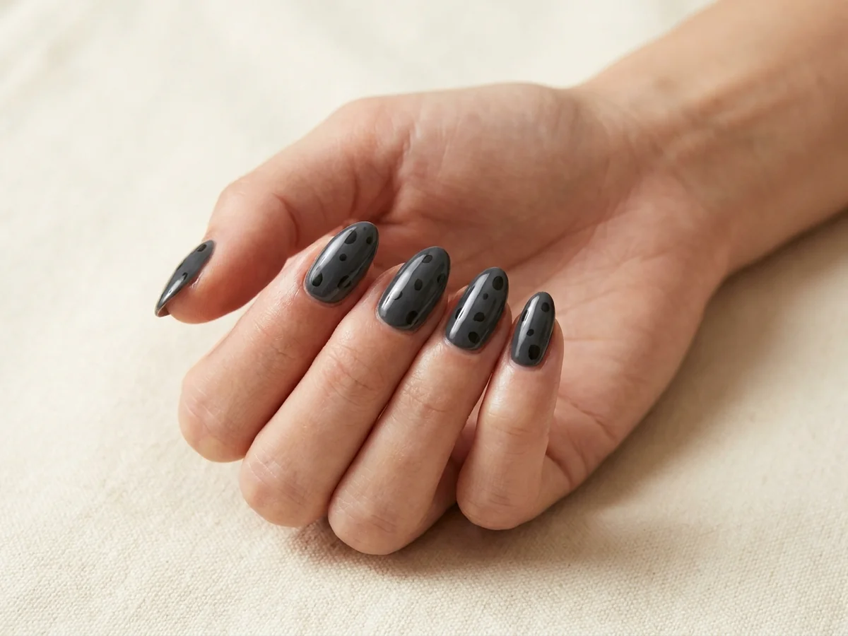 Charcoal manicure with a subtle dark spotted accent