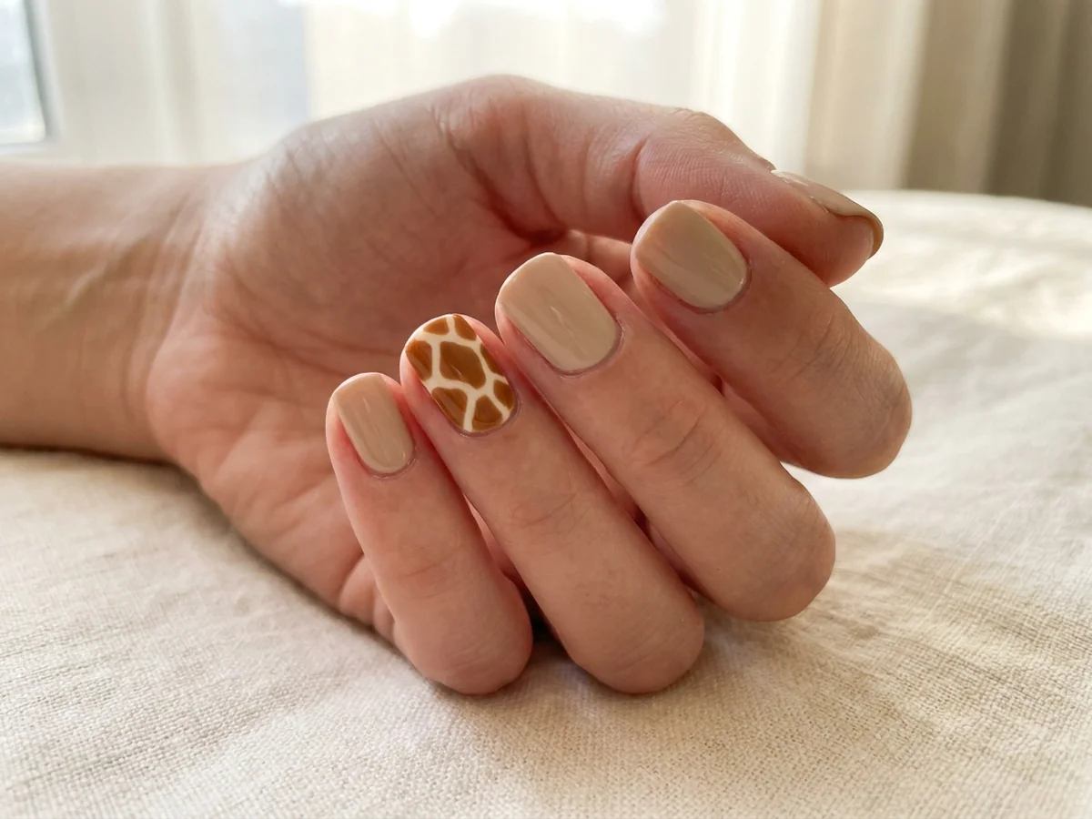 Beige nails with caramel giraffe-pattern patches