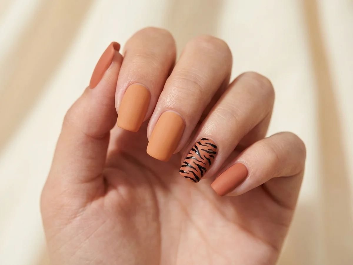Muted orange nails with dark tapered tiger stripes