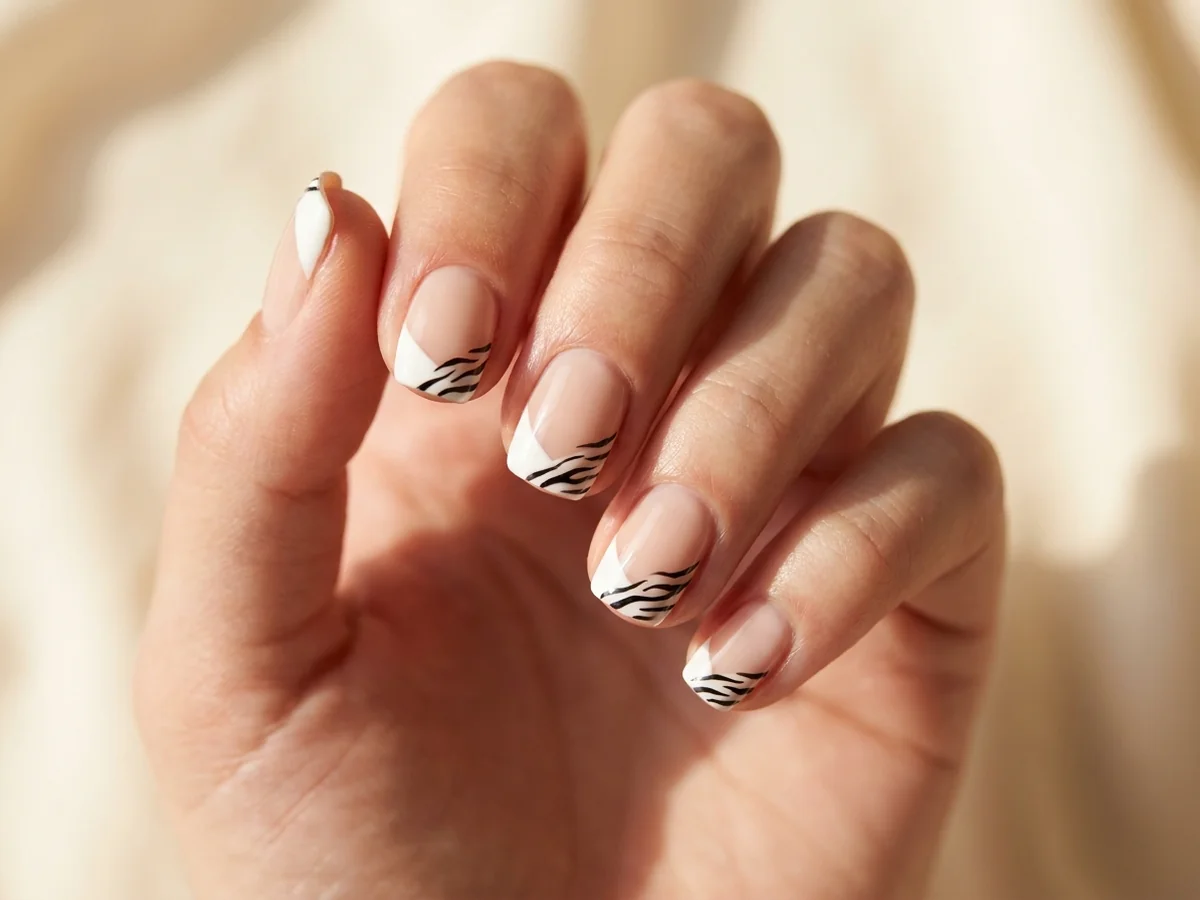 Short nude nails with zebra-print corner tips
