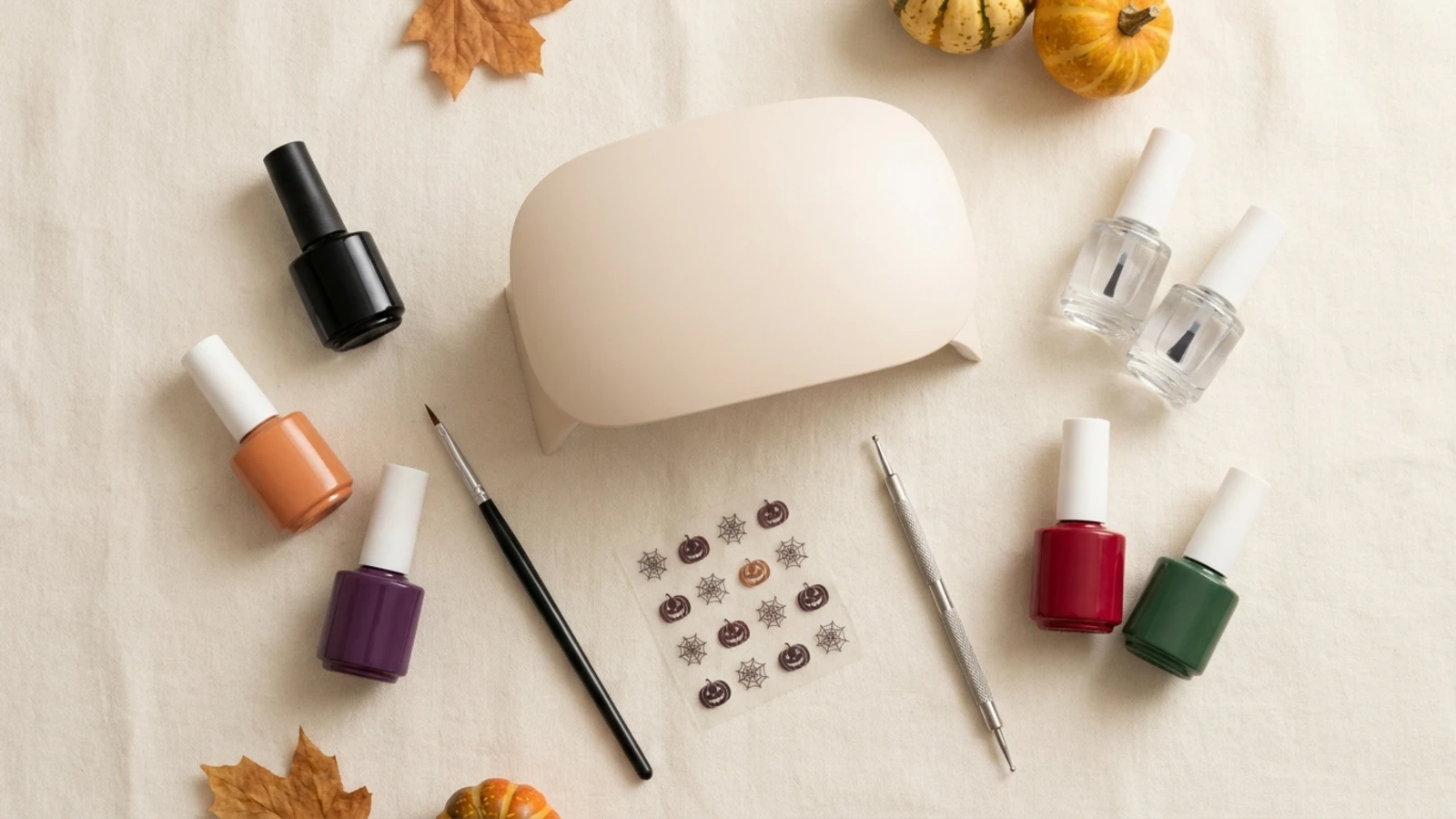 Unbranded Halloween gel nail setup with lamp and seasonal colors