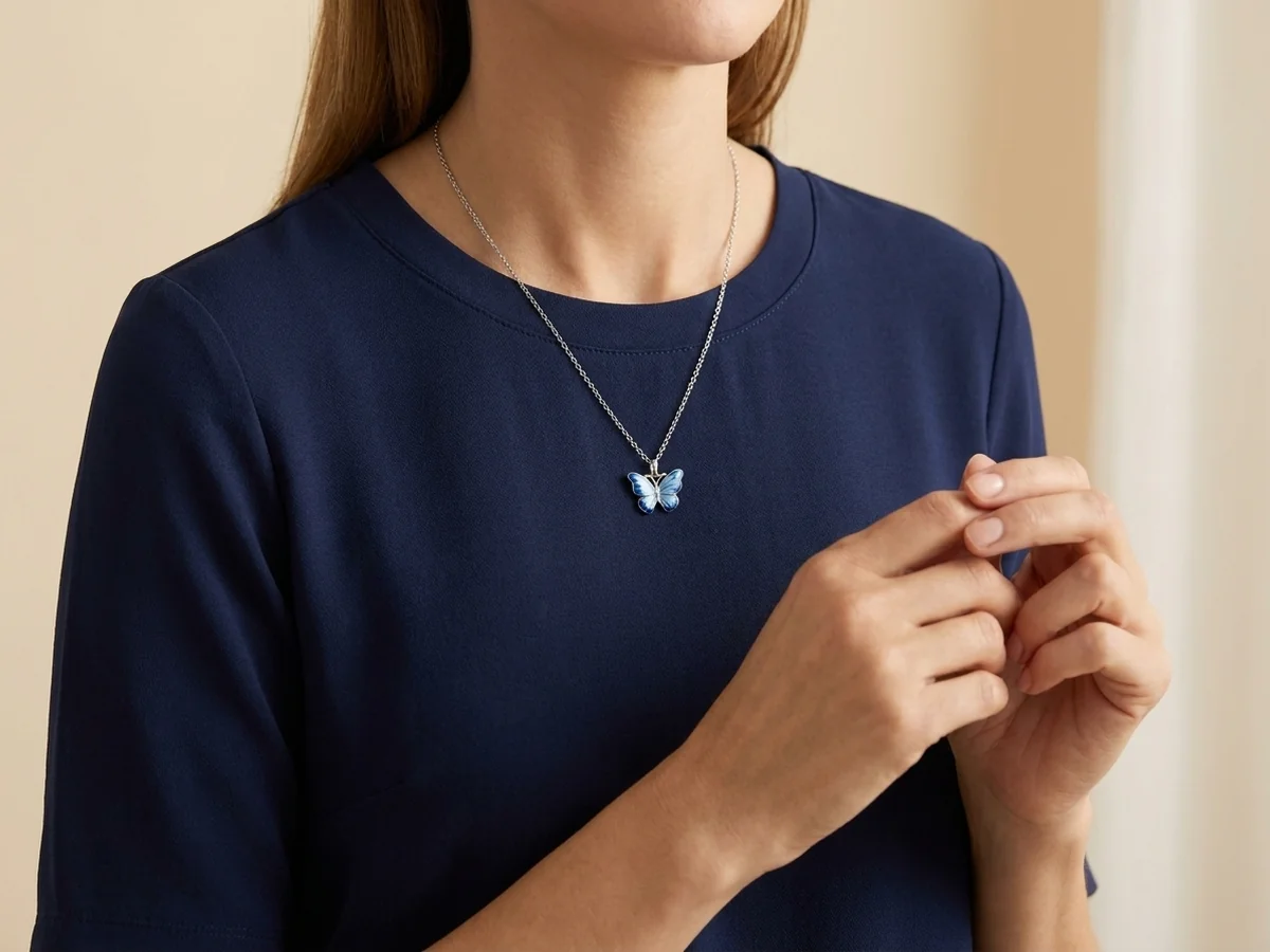Light blue butterfly pendant against a plain navy top