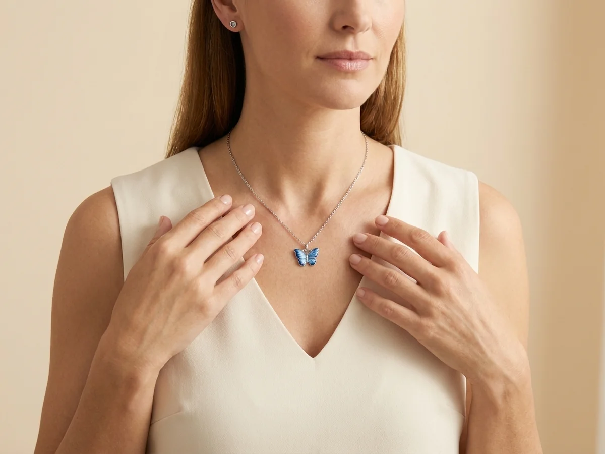 Blue butterfly pendant with a cream V-neck dress and small studs