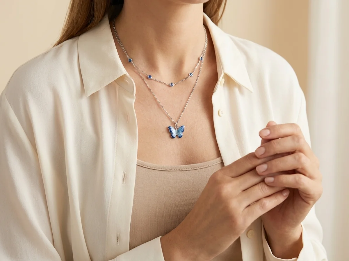Blue butterfly necklace centered between an open cream shirt collar