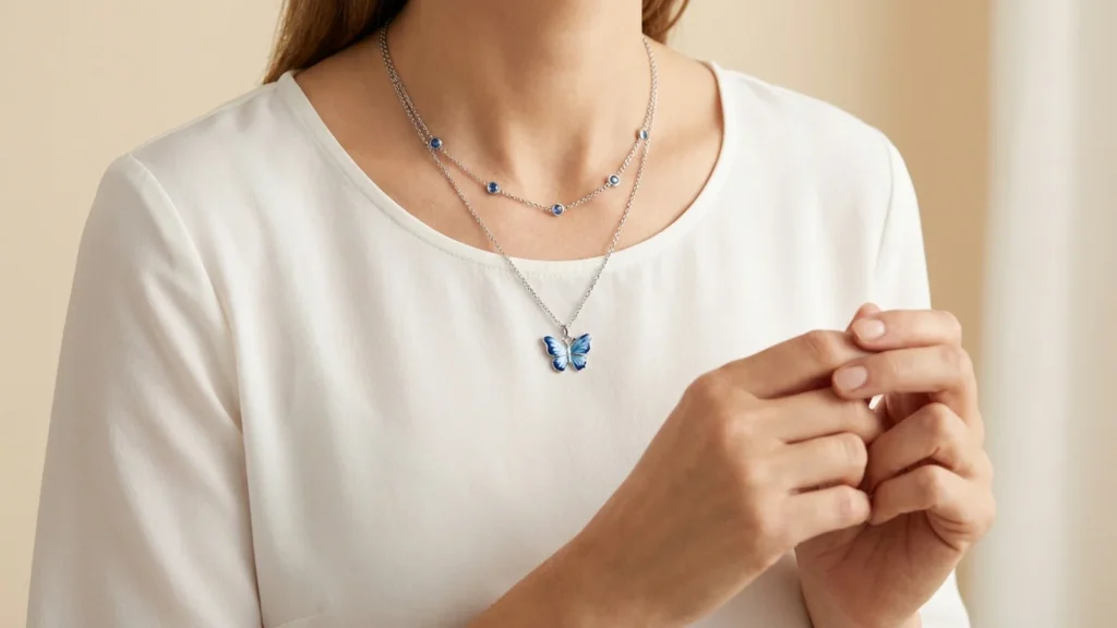 Blue butterfly pendant layered with a shorter blue-accent chain over a white blouse