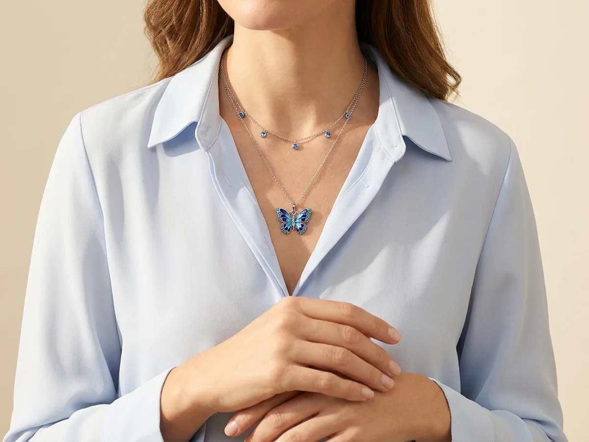 Blue butterfly necklace styled with a pale-blue blouse