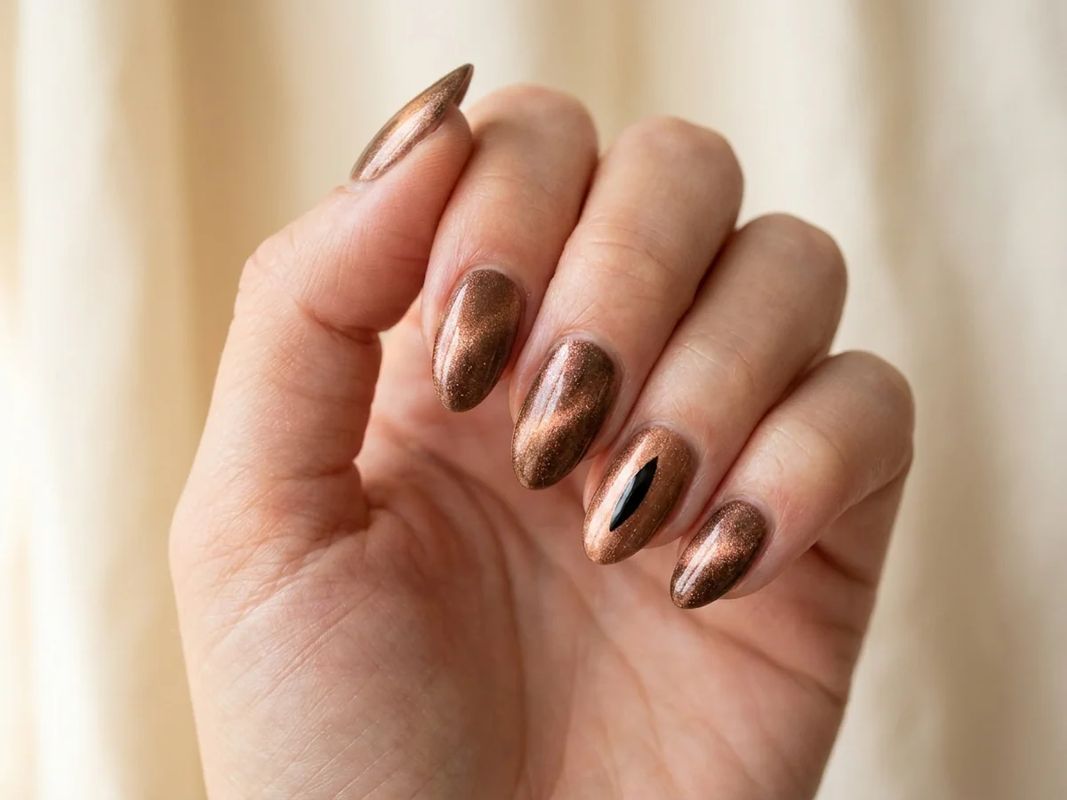 Bronze cat-eye manicure with a single painted pupil accent