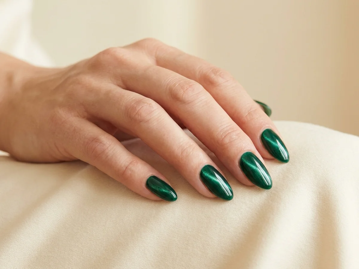 Emerald green cat-eye nails with narrow luminous highlights