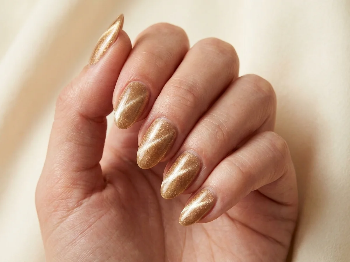 Gold almond nails with a diagonal cat-eye shimmer band
