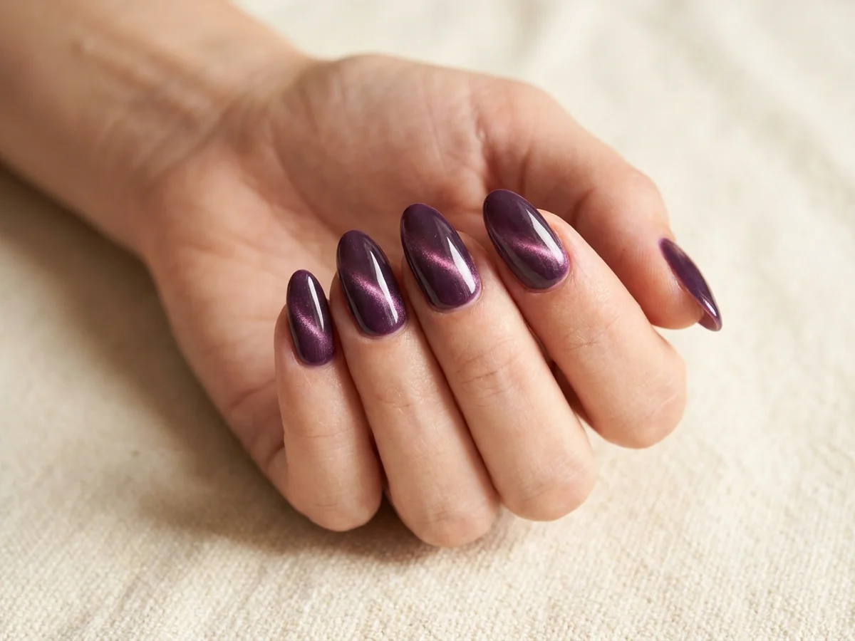 Plum cat-eye nails with a pink-violet reflective band
