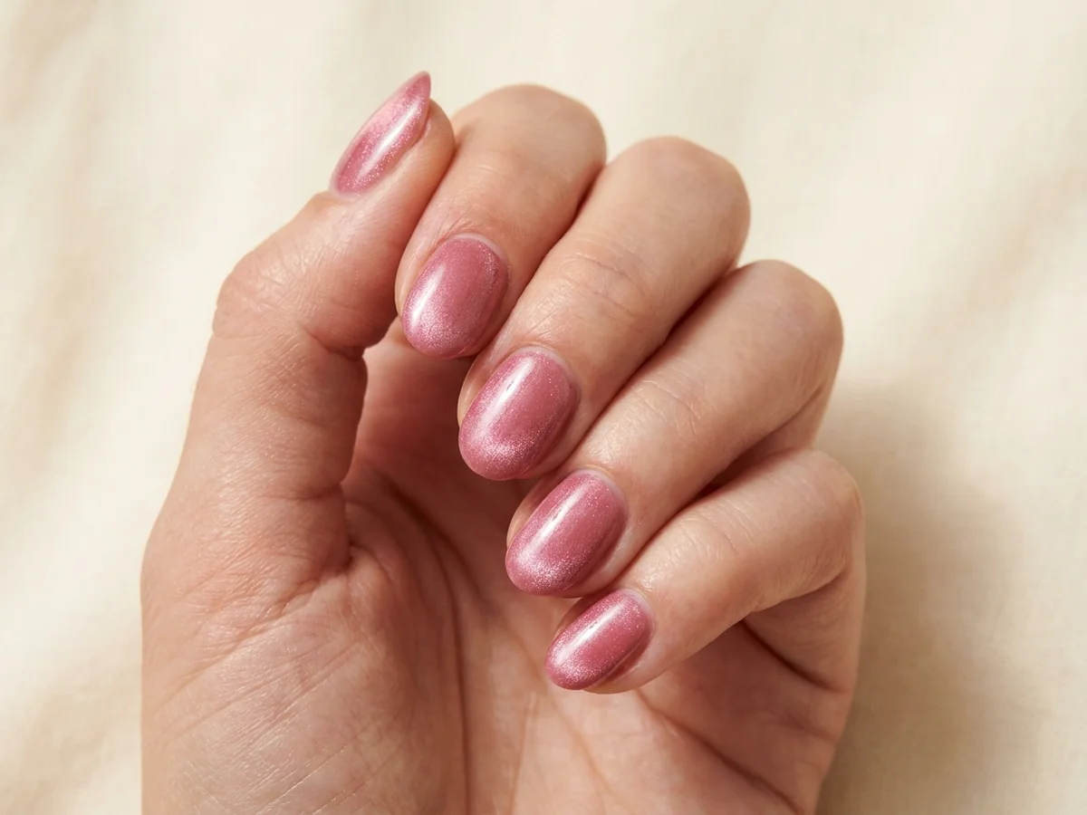 Rose-pink cat-eye nails with soft magnetic shimmer
