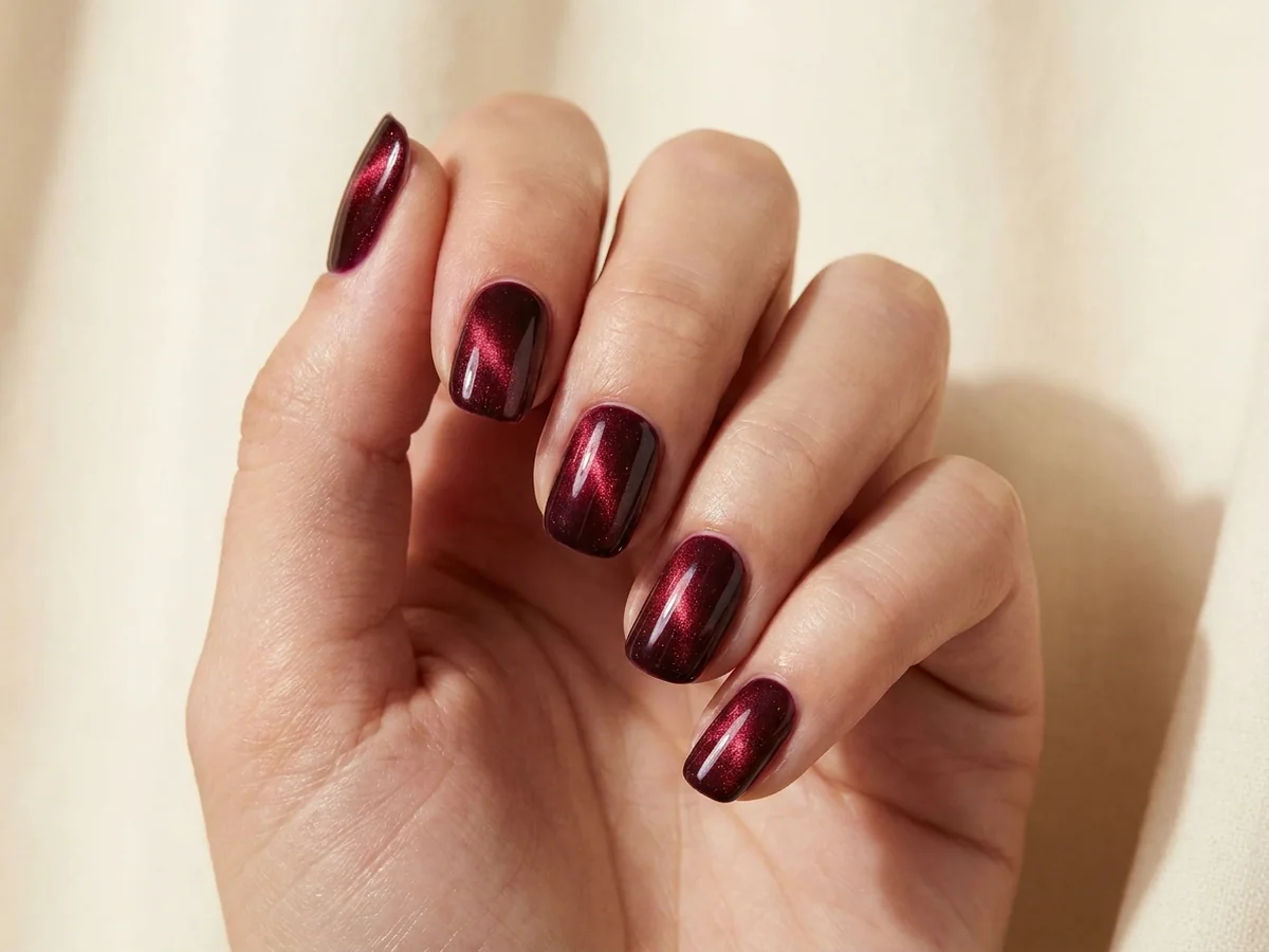 Short burgundy cat-eye nails with ruby-red reflective shimmer