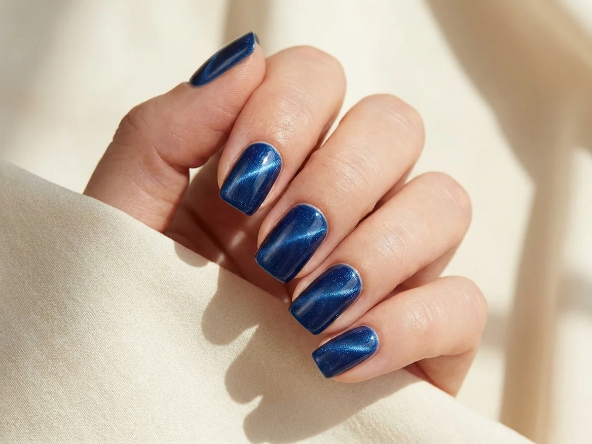 Sapphire-blue cat-eye manicure with reflective diagonal detail
