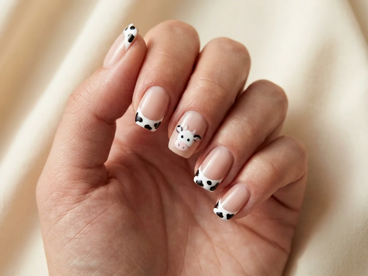 Calf-face accent nail with black-and-white cow-spot tips