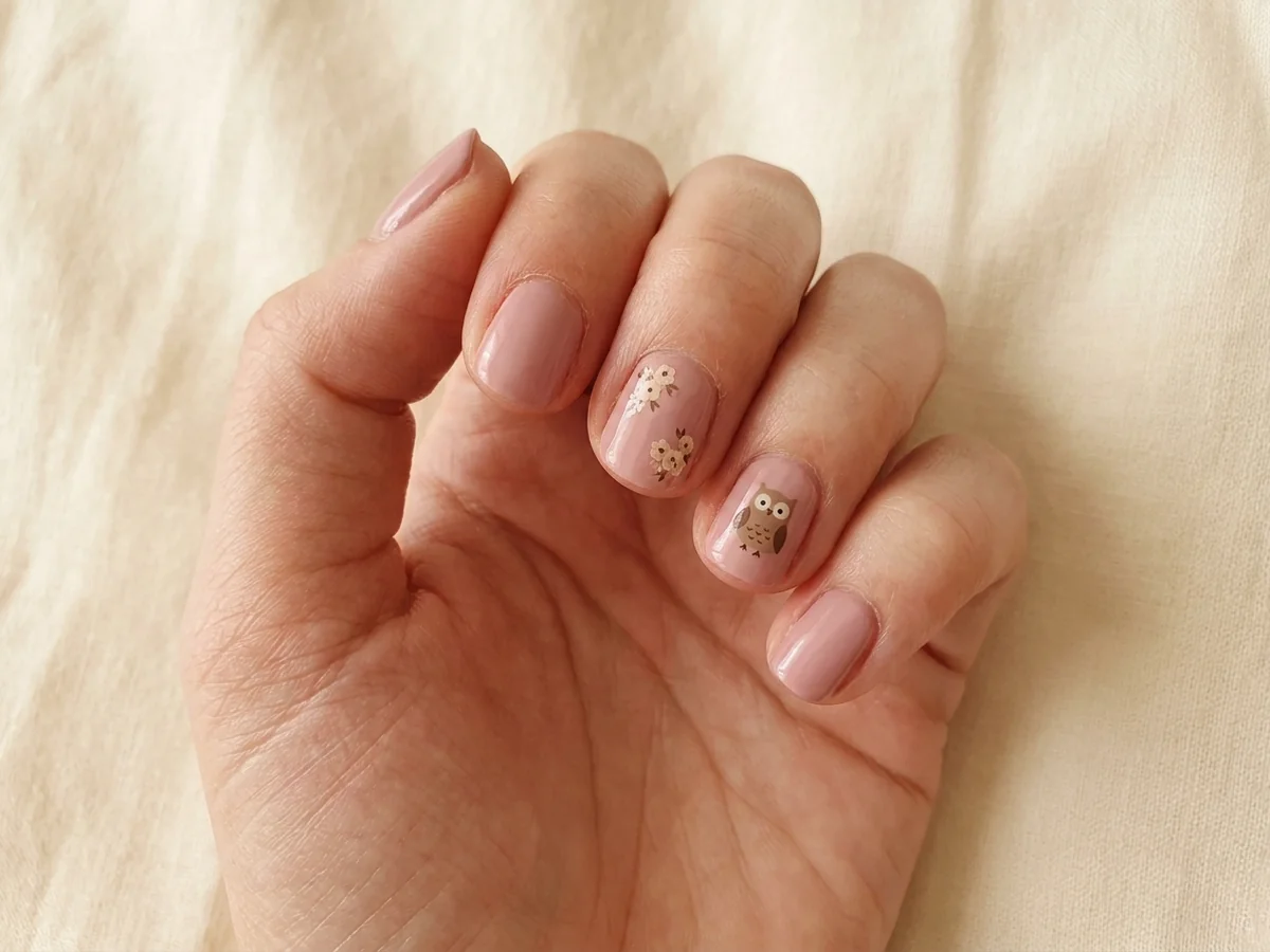 Dusty pink nails with an owl accent and small flower clusters