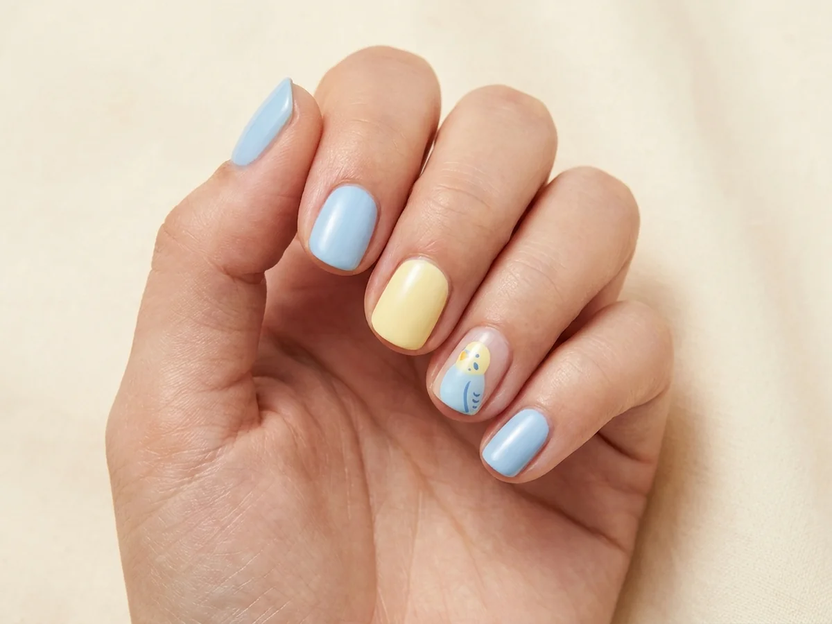 Pastel blue and yellow nails with a small budgie accent