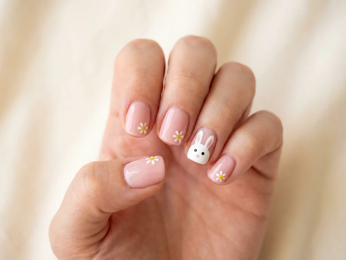 Blush pink nails with a white bunny-face accent and small daisy