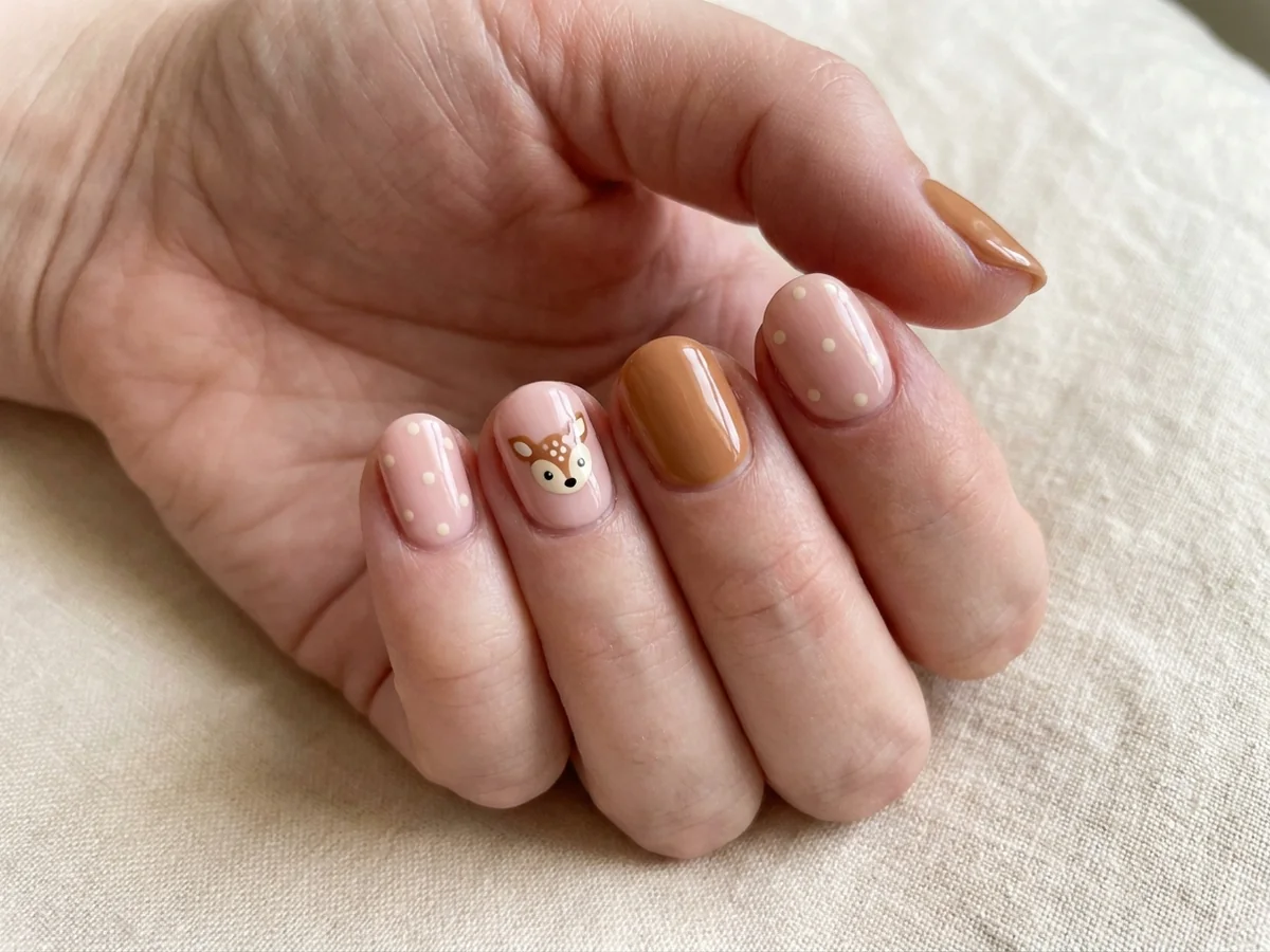 Blush and caramel nails with a fawn accent and cream spots