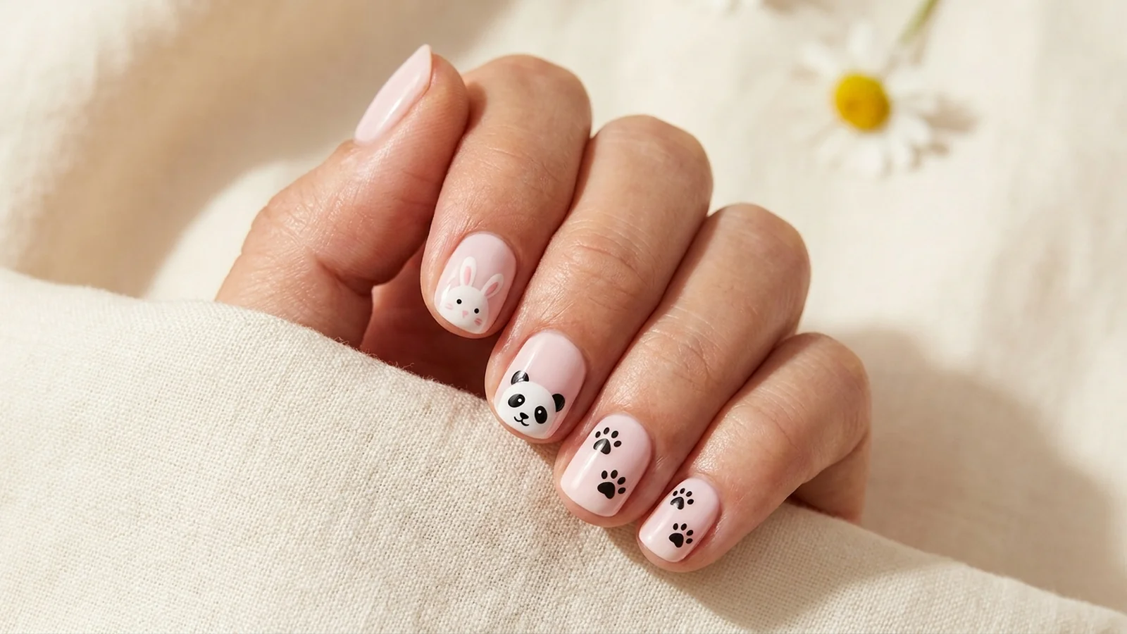 Cute Animal Nail Designs: Short pink nails with bunny, panda and paw-print animal accents