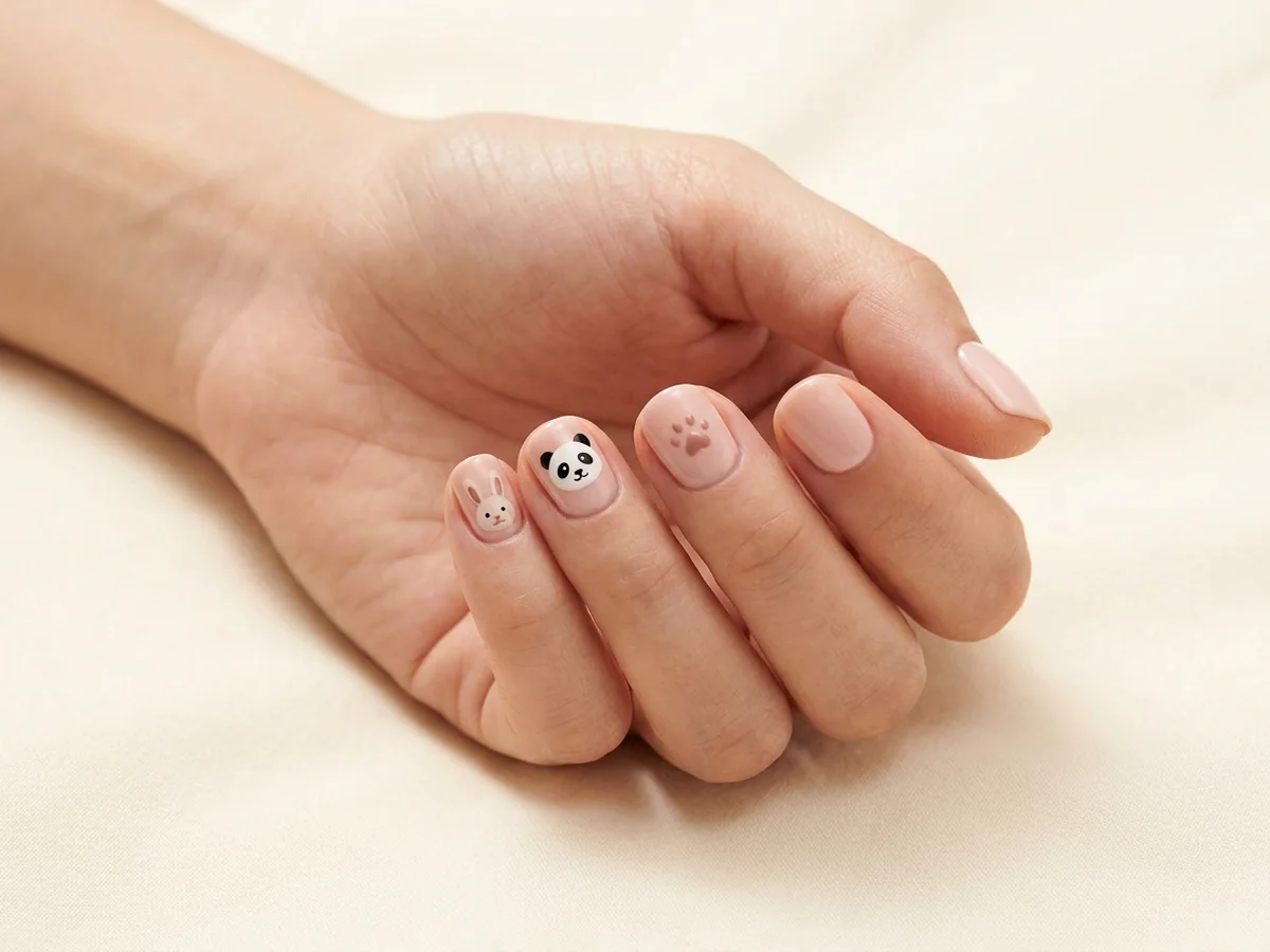 Blush manicure combining bunny and panda accents with simple paw prints