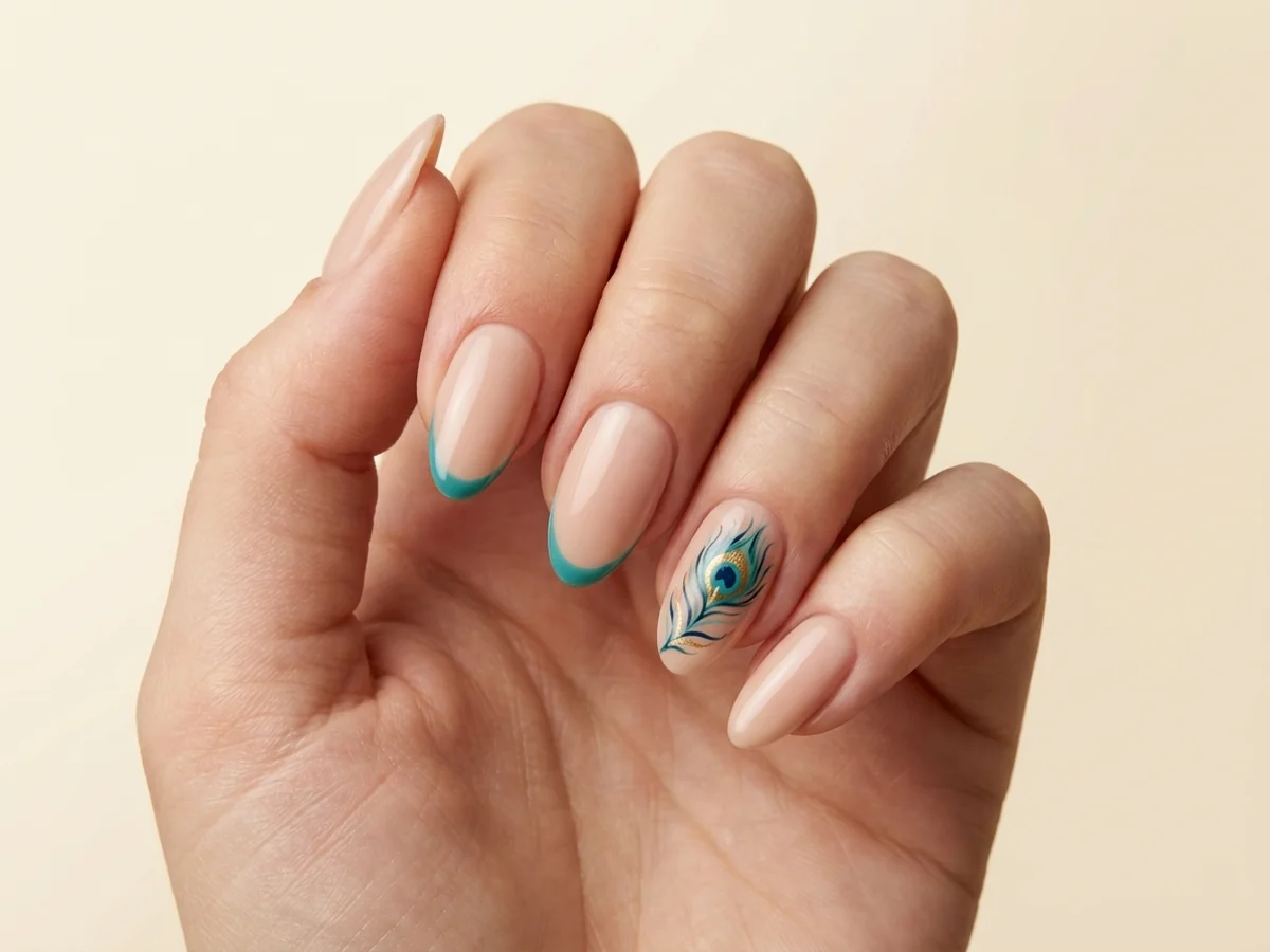 Nude nails with a teal peacock-feather accent and teal tips
