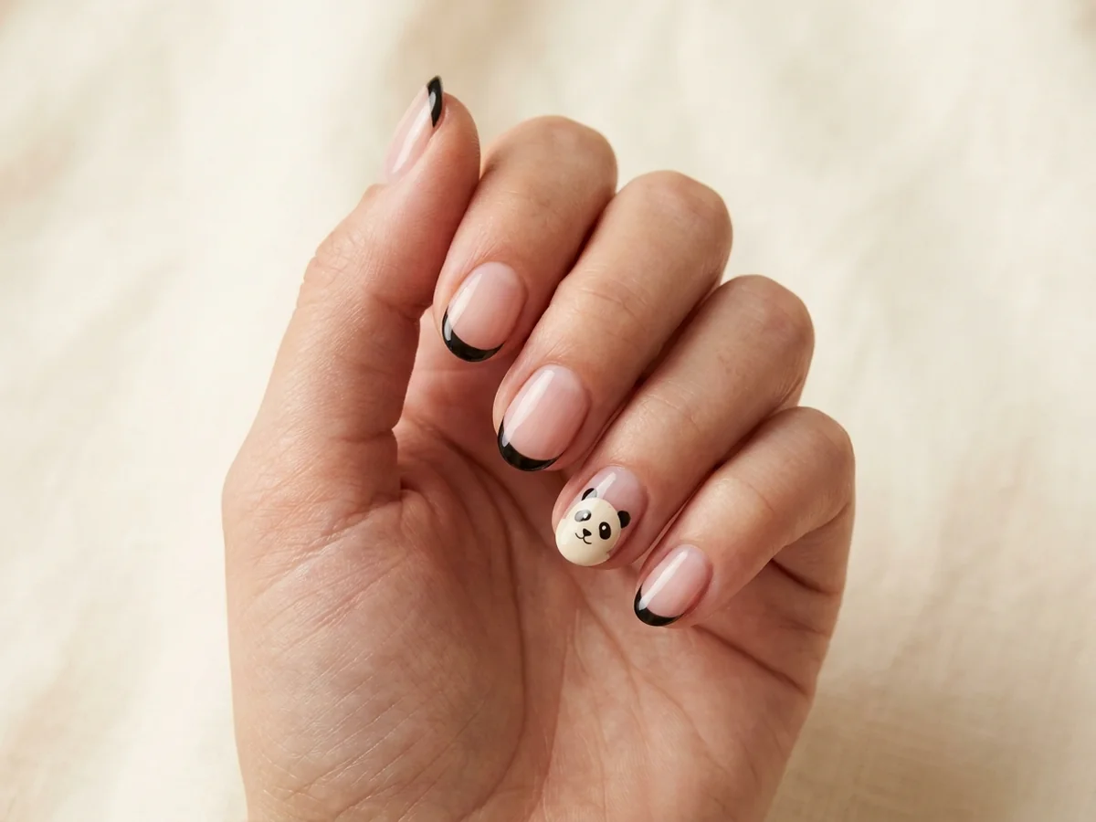Cream panda accent nail paired with thin black French tips