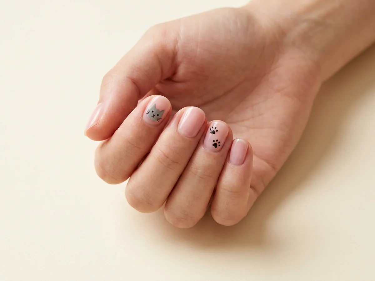 Sheer pink nails with a gray cat face and sparse paw prints