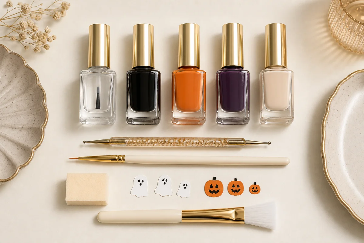 DIY Halloween nail-art tools with black, orange, purple and cream polish
