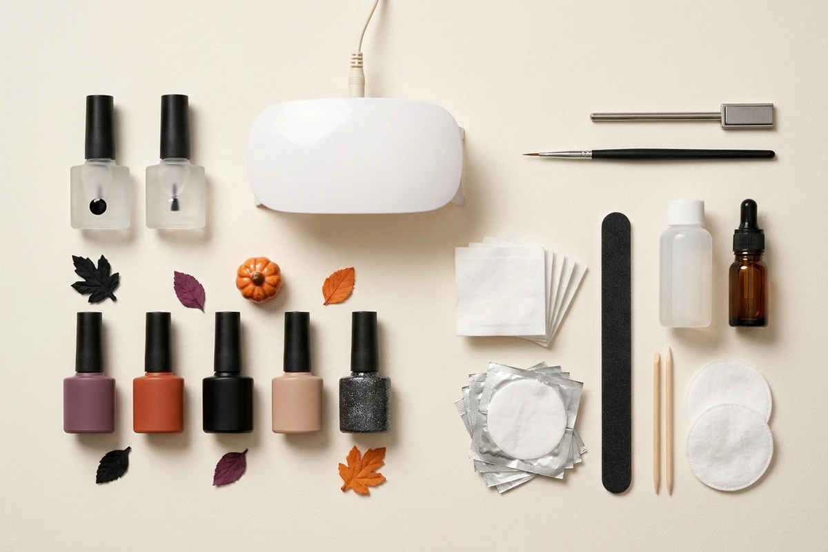 Gel nail kit components including lamp base coat top coat colors and tools