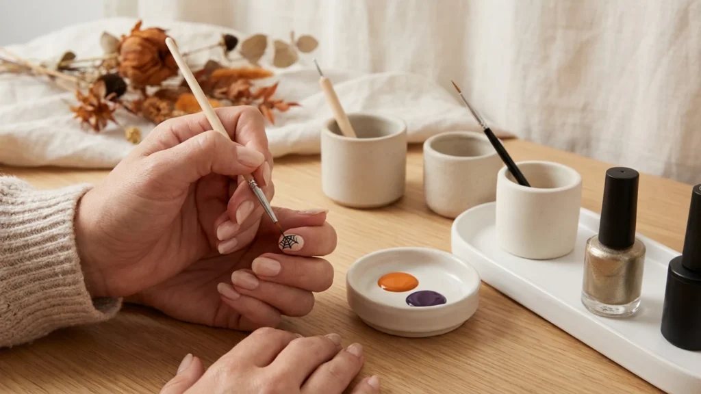 Beginner creating Halloween nails at a clean home manicure station for diy-halloween-nails-tutorial