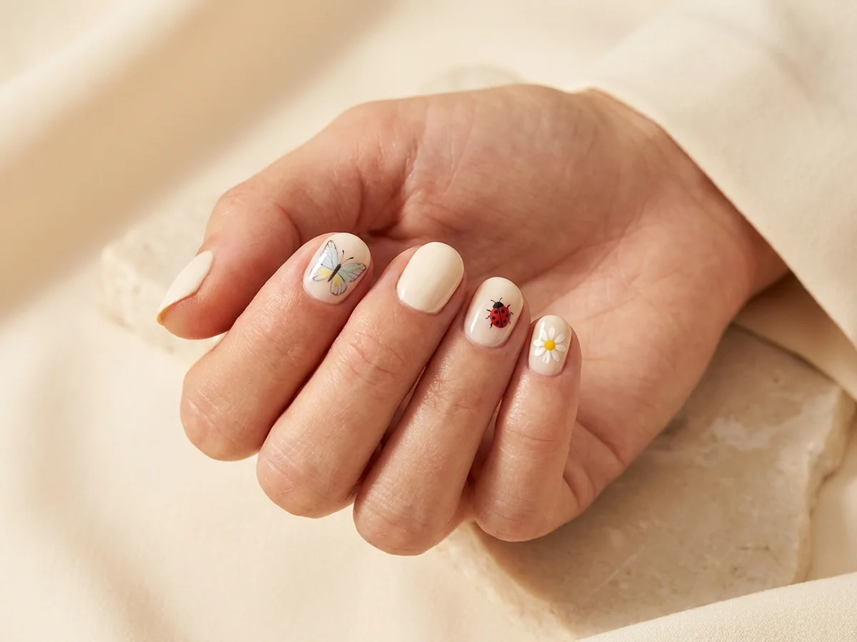 Cream manicure combining butterfly, ladybug and daisy accents