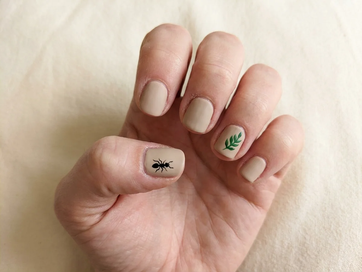 Beige nails with a tiny ant silhouette and leaf accent