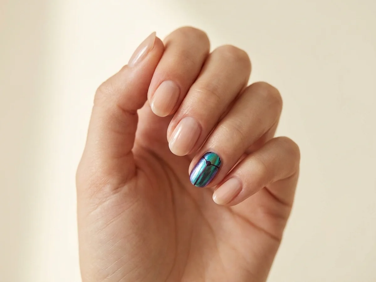 Nude nails with a teal beetle-shell accent