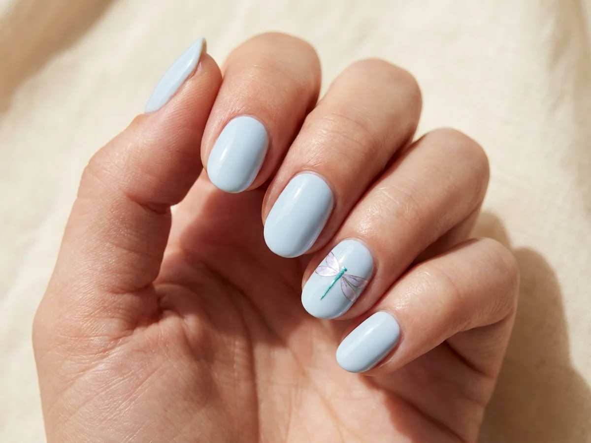 Pale blue nails with a dragonfly accent and pearly wing detail