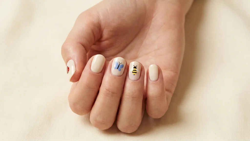 insect-inspired nail art Pastel nails with small butterfly, bee and ladybug accents