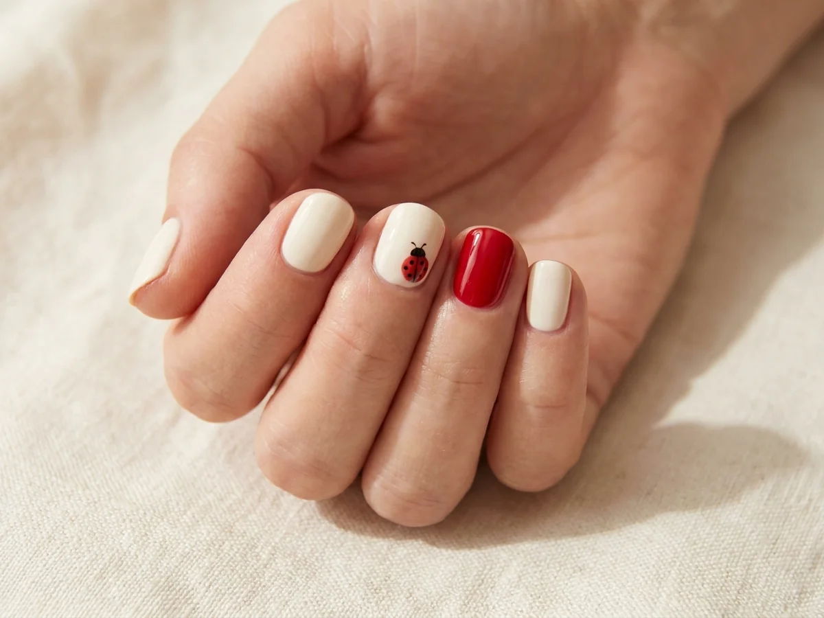 Cream manicure with a small red ladybug accent