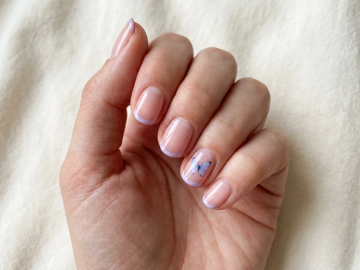 Sheer pink nails with a blue butterfly accent and lavender tip
