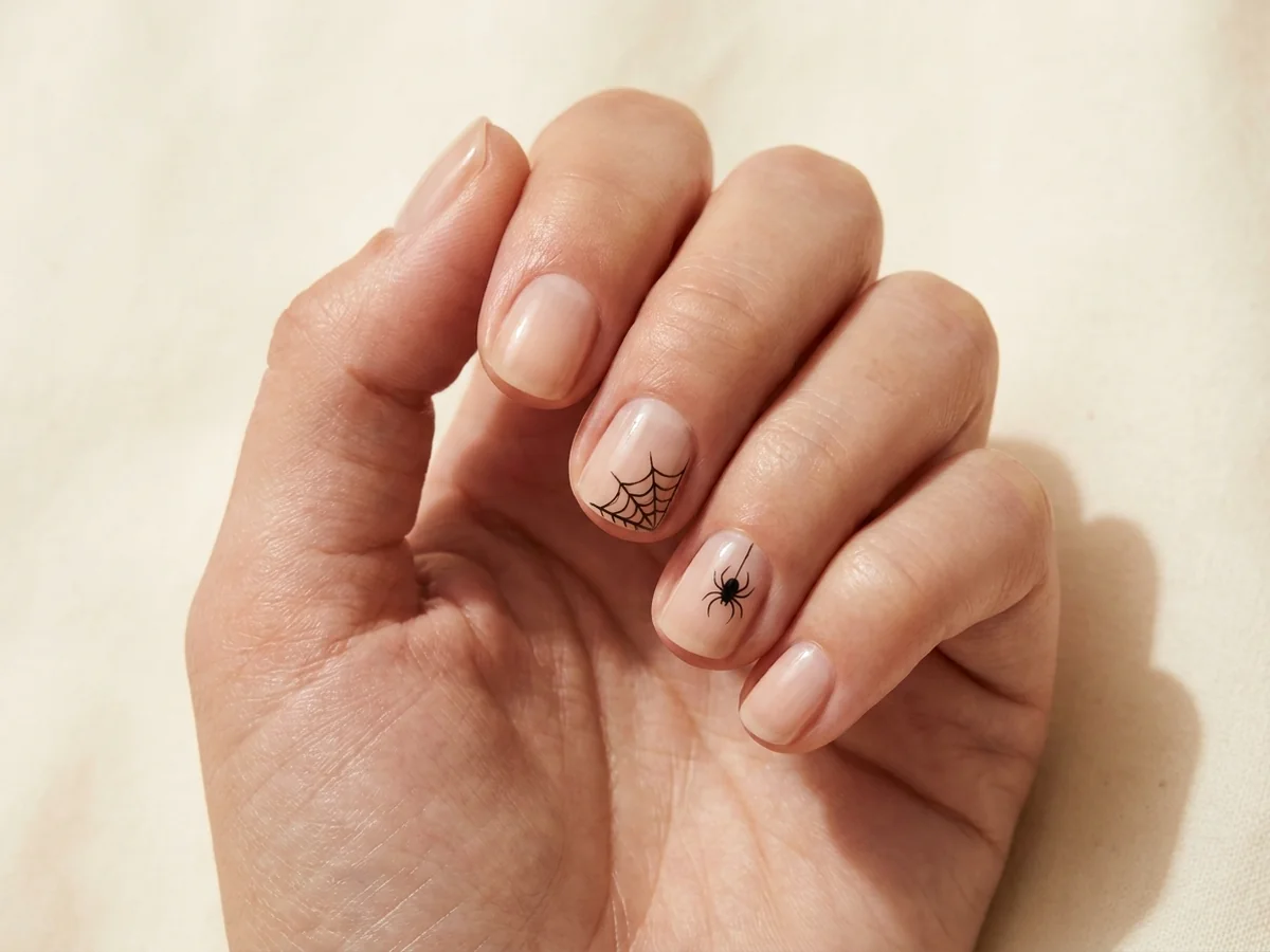 Nude manicure with a small spider and corner-web accent