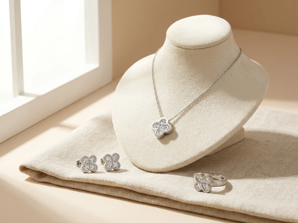 Silver-tone set with coordinated four-lobed clover-like motifs