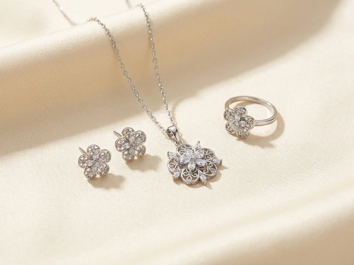 Silver-tone floral necklace, earrings and ring with clear accents