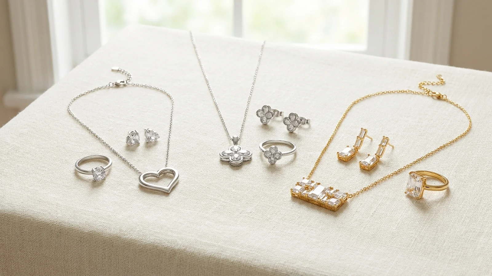 Heart, clover-like and rectangular matching jewelry sets on cream fabric