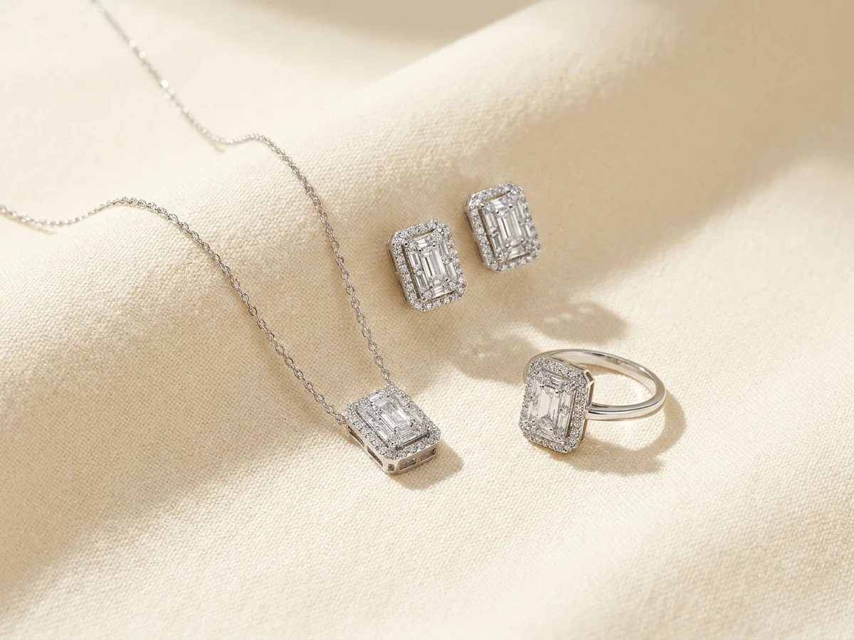 Rectangular silver-tone necklace, earrings and ring with clear-stone clusters