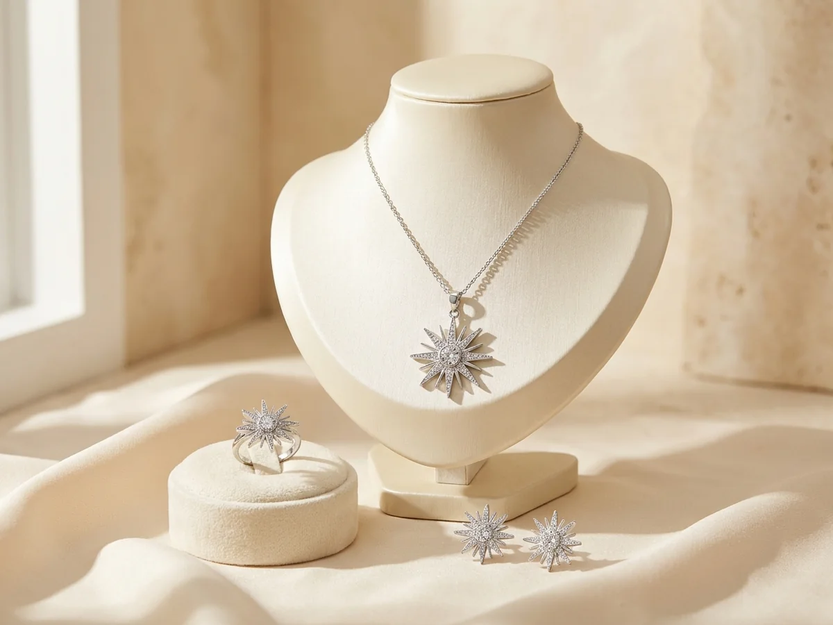 Silver-tone starburst pendant with smaller coordinated earrings and ring