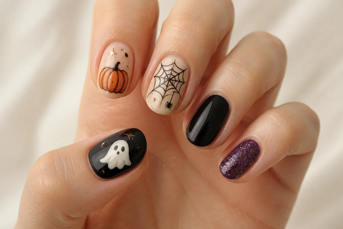 Cohesive mix-and-match Halloween manicure in black, orange, cream and purple