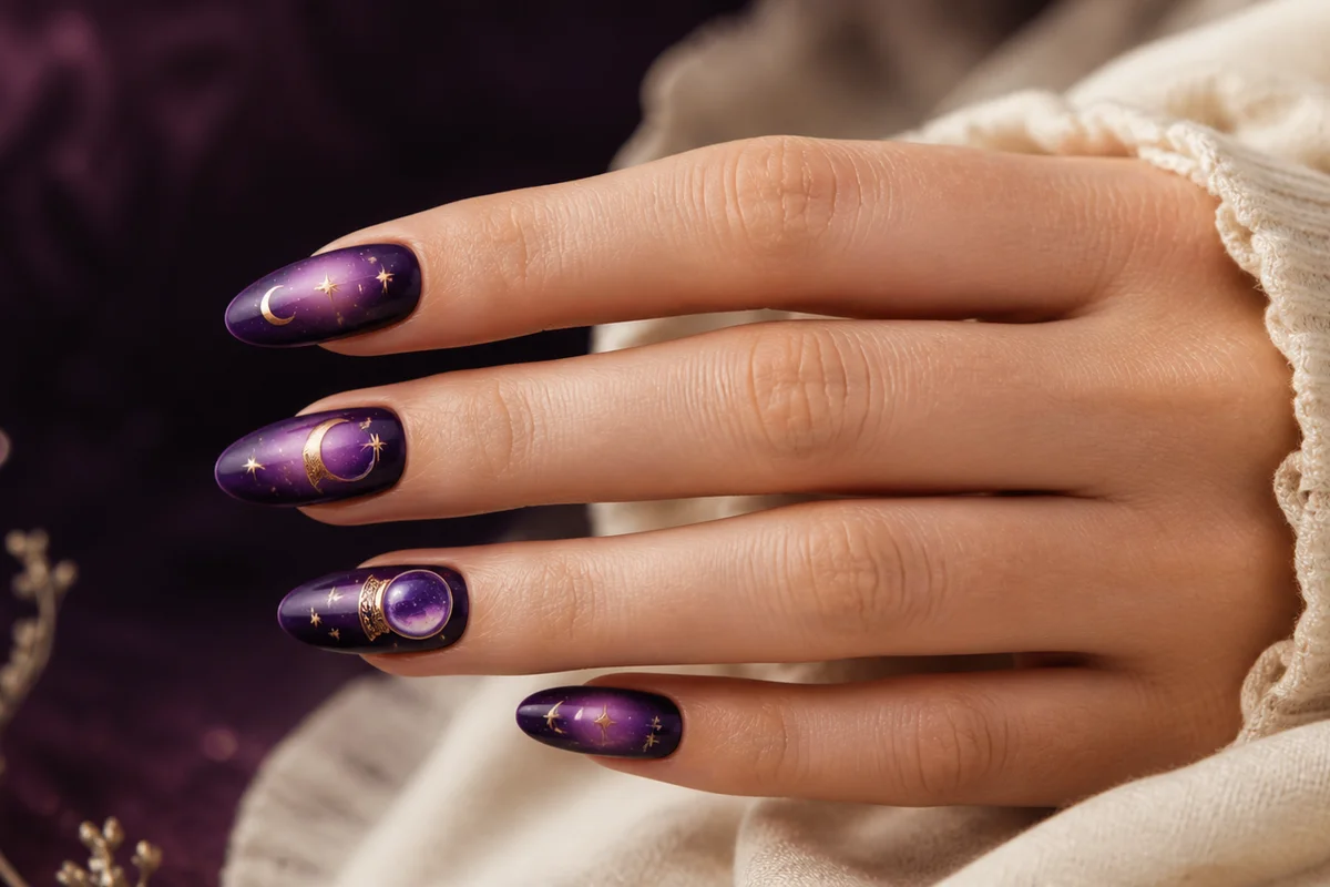 Purple aura Halloween nails with gold moons and stars